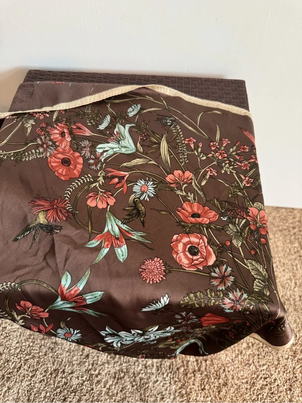 Floral Satin Scarf in Brown with Coral & Mint Flowers